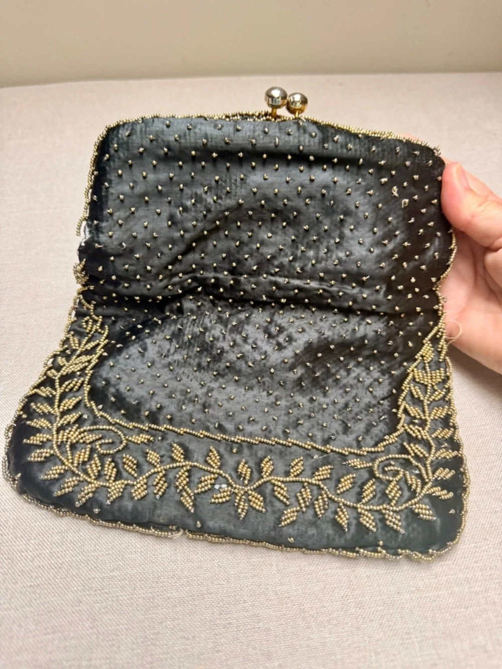Vintage Hong Kong Victorian Style Black and Gold Beaded Clutch Formal Evening